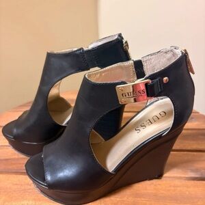 Guess Black Peep-Toe Wedges